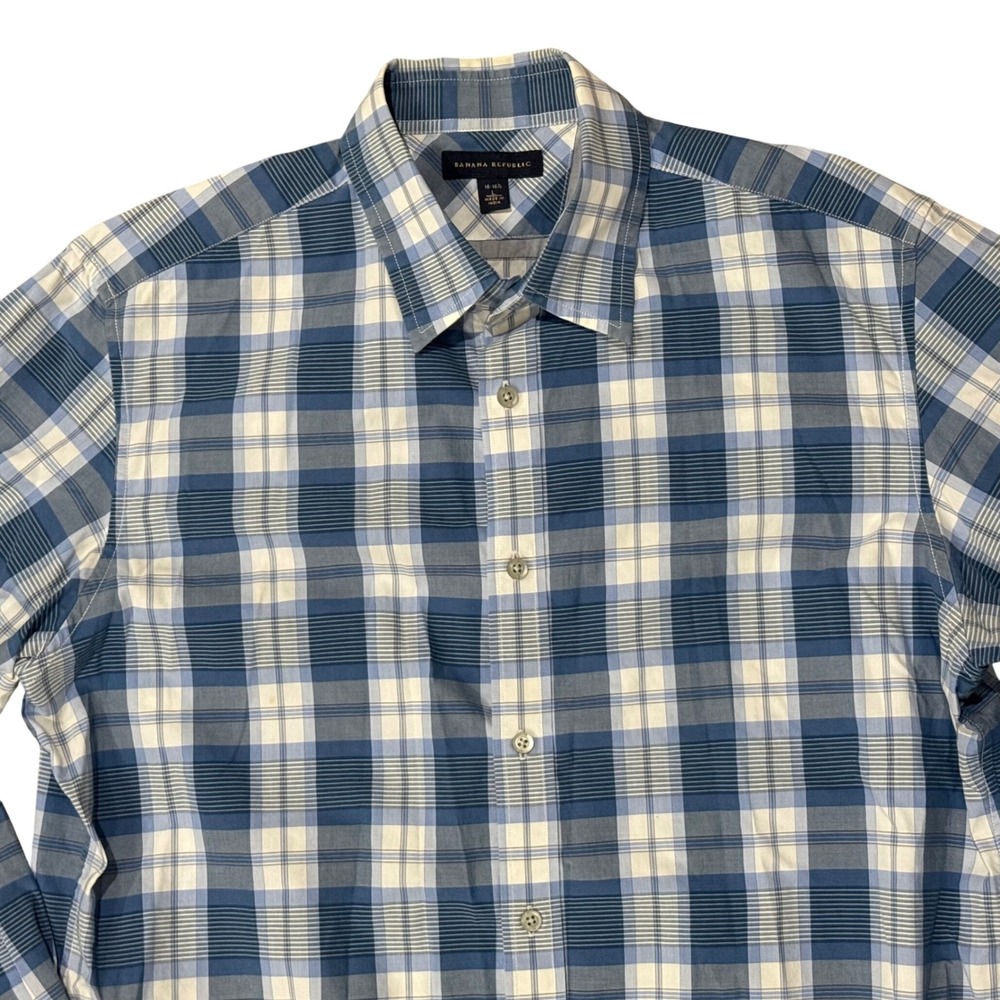 Banana Republic Mens Blue Plaid Long Sleeve Button Down Shirt Size 16 16 1/2‎